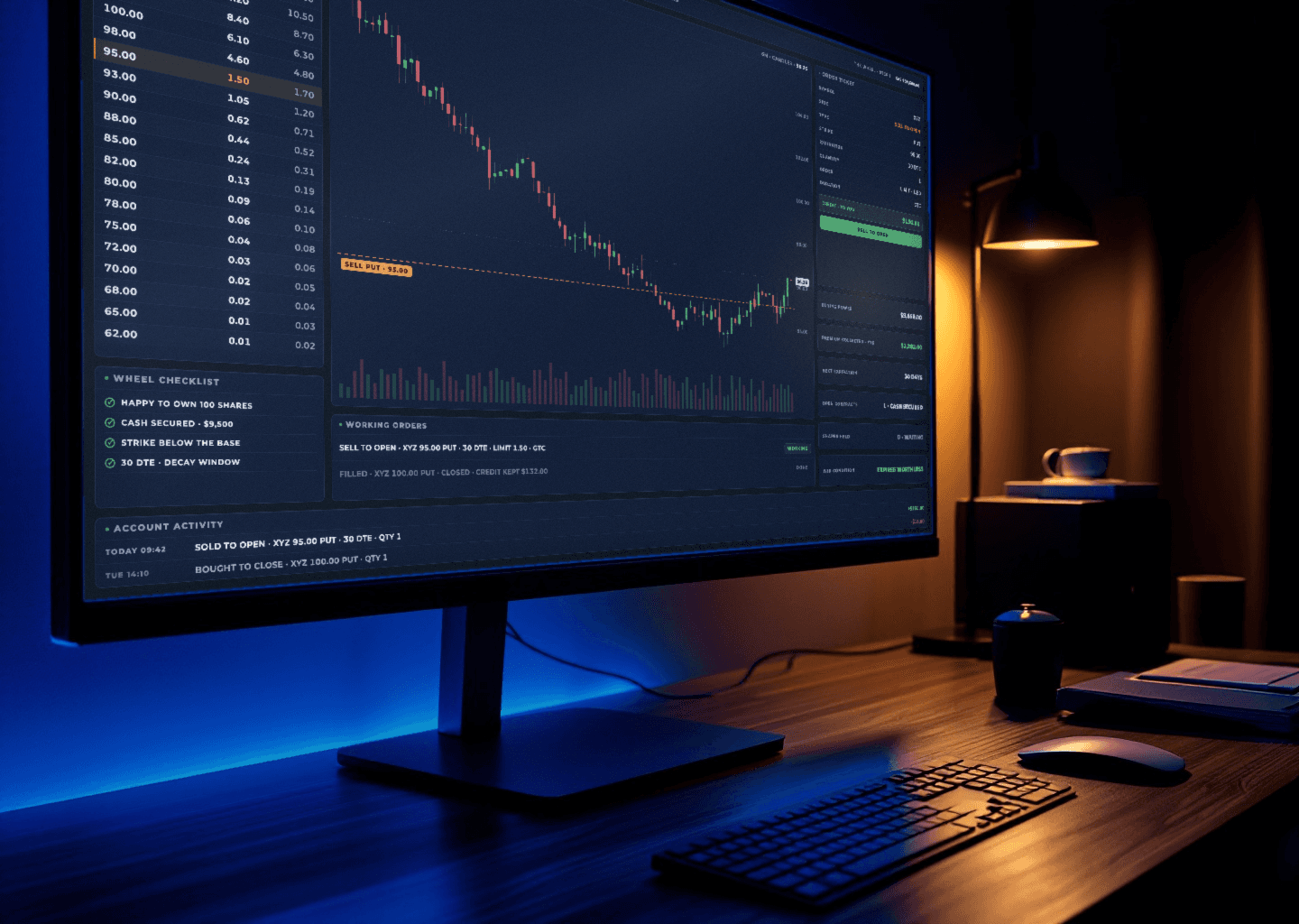 A trading workspace on a monitor in a dark studio: an option chain, a daily chart with a strike marked SELL PUT at 95, and an order ticket collecting a 150 dollar credit